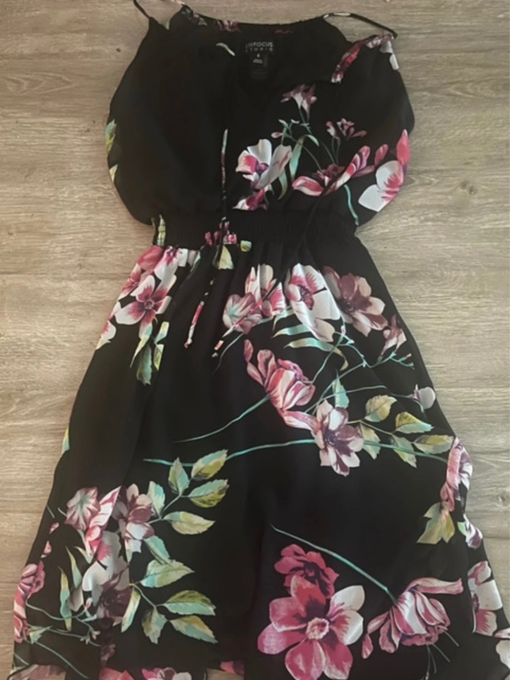 Black Chiffon Floral Halter Midi Dress with Handkerchief Hem